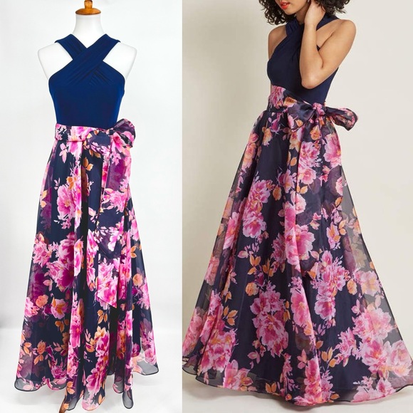 ELIZA J Influential Elegance Floral Organza Maxi Gown with Bow Sash in Navy Pink - Picture 1 of 7